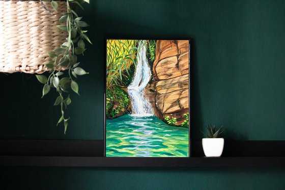 Waterfall Original Gouache Painting, Tropical Wall Art, Cyprus Artwork, Travel Gift, Green Home Decor