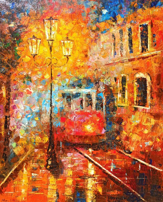 Red tram (60x50cm, oil painting, ready to hang)