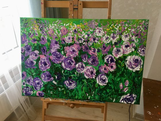 FIELD OF PURPLE PINK WHITE  ROSES  palette knife modern decor MEADOW OF FlOWERS, LANDSCAPE,  office home decor gift