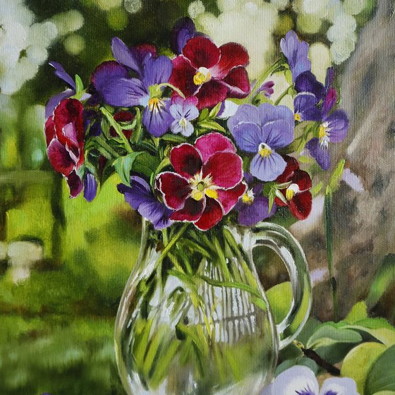 Pansies in Glass Jug
