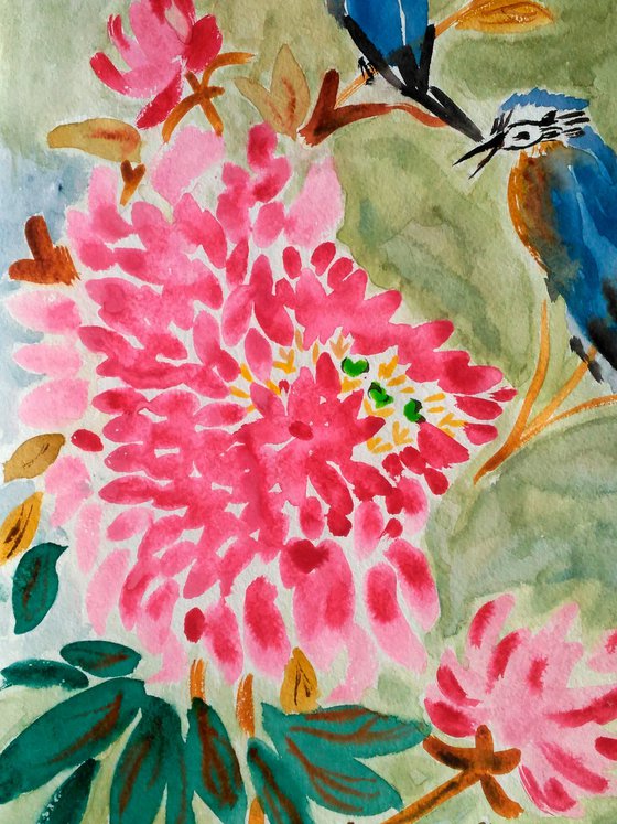 Birds in Blossom original watercolor painting