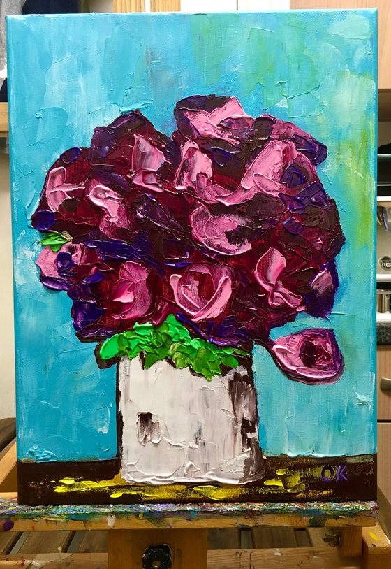 ABSTRACT BOUQUET OF Burgundy Roses  #16 ( NAIVE COLLECTION)  palette  knife Original Acrylic painting office home decor gift