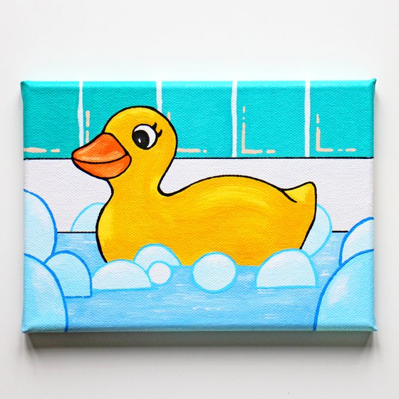 Rubber Duck in Bath Pop Art Painting On Miniature Canvas