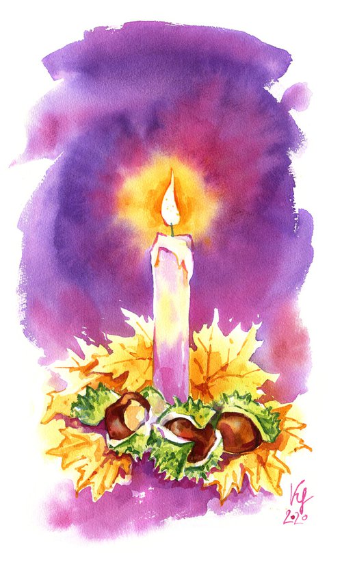 "Autumn candle is burning" original watercolor artwork illustration by Ksenia Selianko