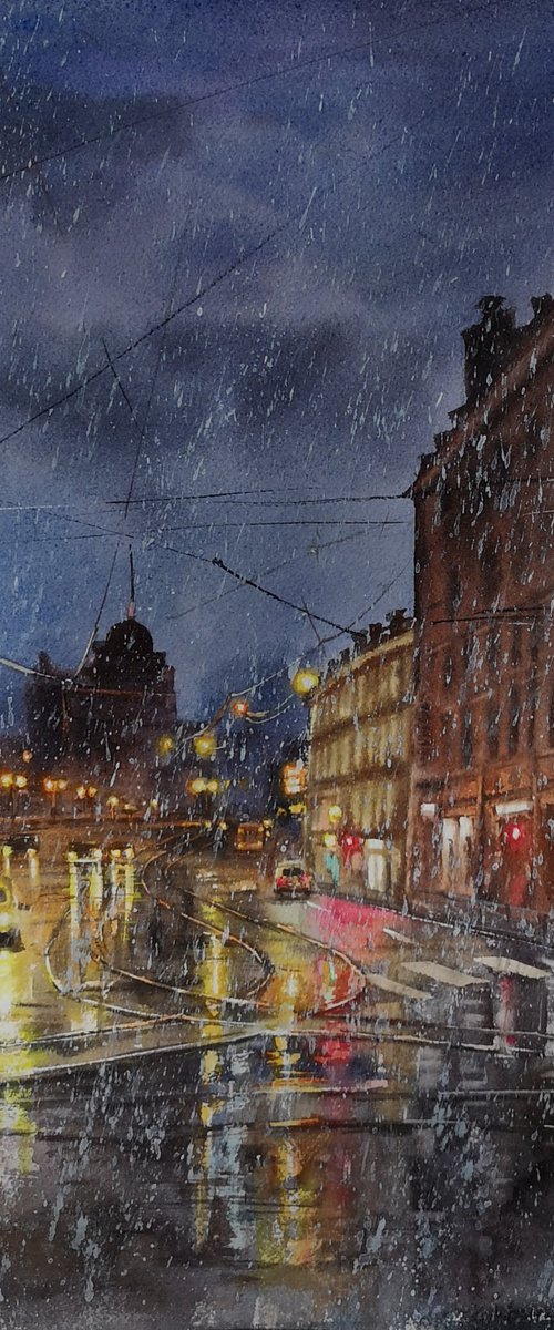 Rainy Night Lights by Olga Beliaeva Watercolour
