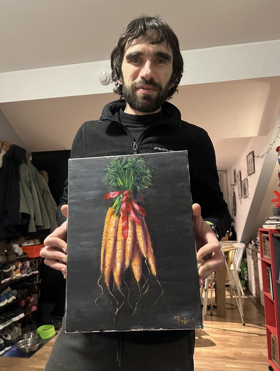 Still Life with Carrots and Red Ribbon