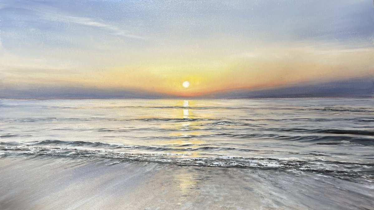 Photorealistic Landscape Oil Painting By Aflatun Israilov, 28 X 16, Ocean Sunset, Original Artwork