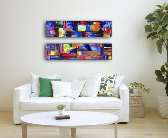 "Messy Geometry Series" - Save As A Series - Original PMS Abstract Diptych Oil Paintings On Wood - 32" x 16"