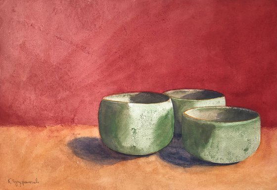 Three green bowls