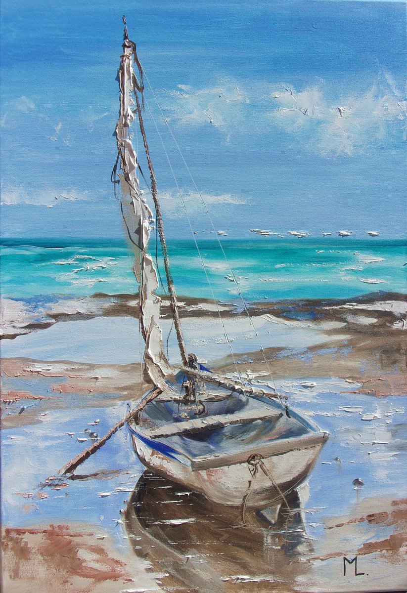 Expressive Landscape Oil Painting By Monika Luniak, 22 X 31", " Blue Boat On Lonely Beach ", Original Artwork