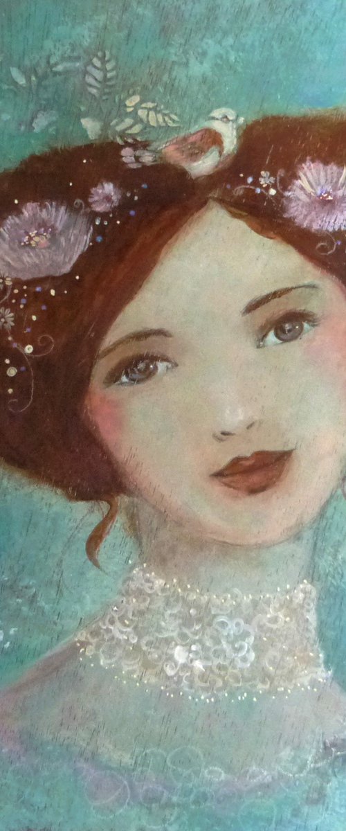 The soft stopover 30 x 30 cm Portrait of a romantic and dreamy woman on wood by Loetitia Pillault