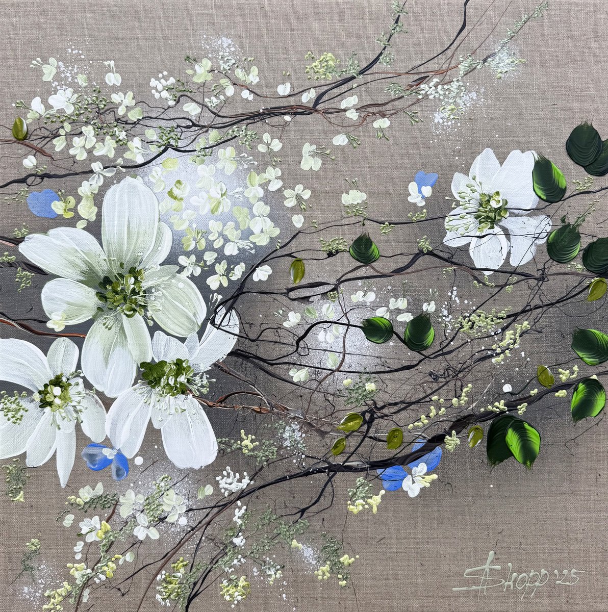 Expressive Botanical Acrylic Painting By Anastassia Skopp, 20 X 20, White Blooms, Original Artwork