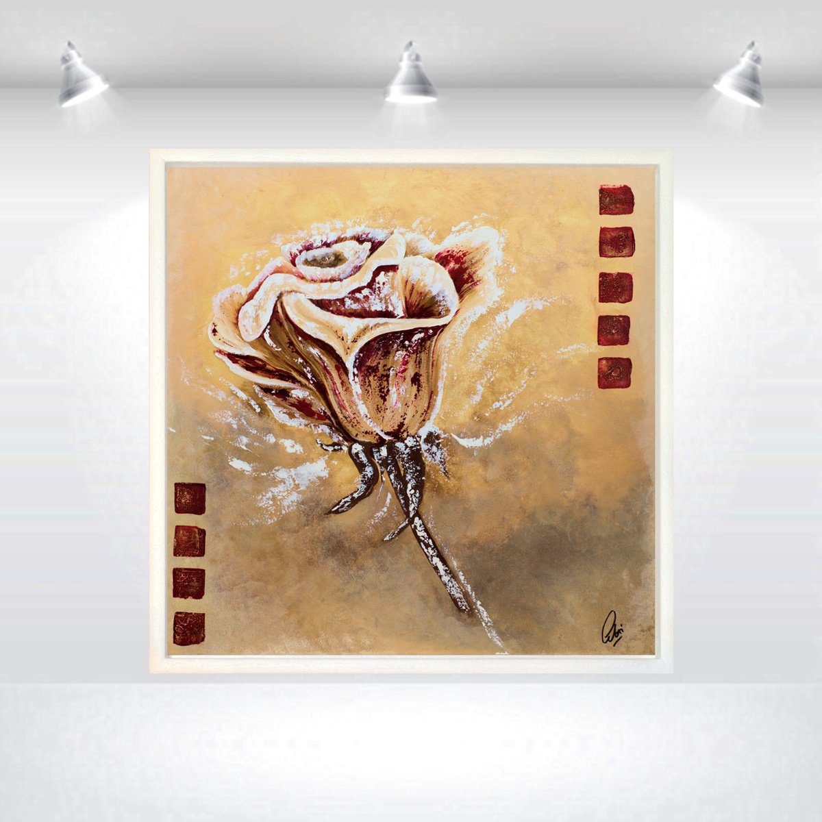 Abstract Botanical Acrylic Painting By Edelgard Schroer, 33 X 33, Golden Bloom, Original Artwork