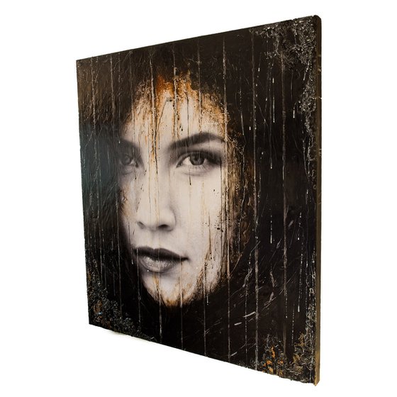 "Magnificentia" (XXL artwork 100x90x4 cm) - Unique portrait artwork on tabletop (abstract, portrait, original, resin, beeswax, painting, 3D, oil, acrylic, eyes, face)