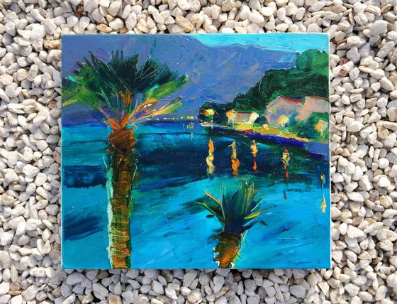 Palm trees , sea, mountains . Evening in Montenegro . Original plein air oil painting .