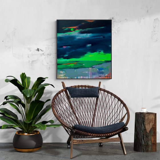 "Before the rain" - Expressionism - Minimalism - Seascape - Landscape - Dark blue - Bright green