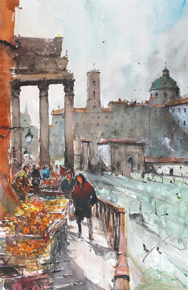 Impressionistic Cityscapes Watercolour By Maximo Damico, 12 X 20", Street Market In Roma, Original Artwork