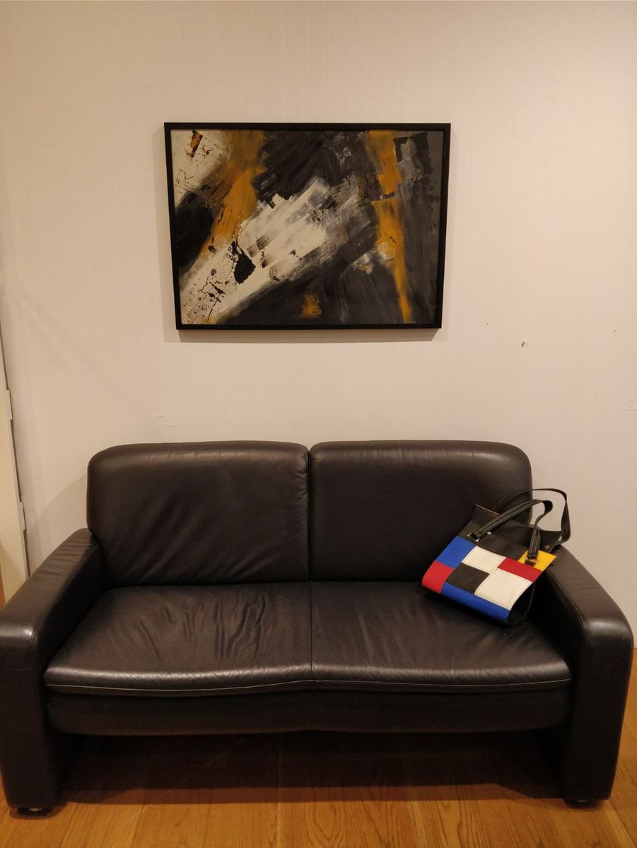 Impressionistic Abstract Acrylic Painting By Tiny De Bruin, 32 X 24", Black White And Ocher, Original Artwork