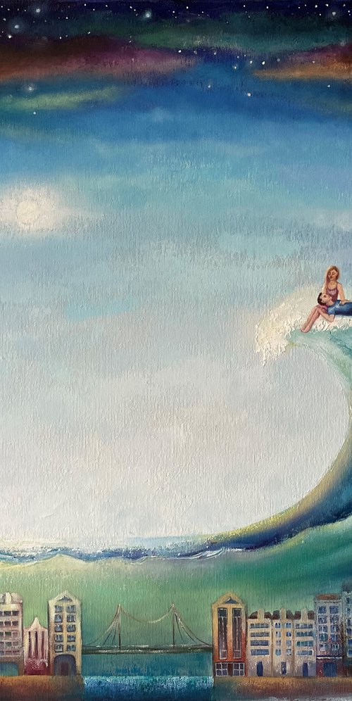 "On a wave under the stars". People. Orifinal Oil painting. Couple by Mary Voloshyna