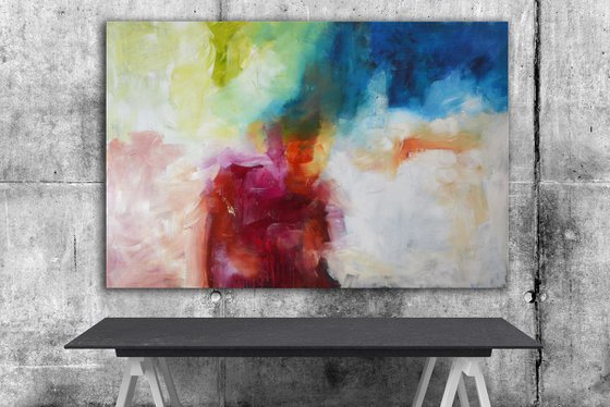Island sonata, 40"x60" (101 cm x 152 cm), red magenta and blue large abstract triptych