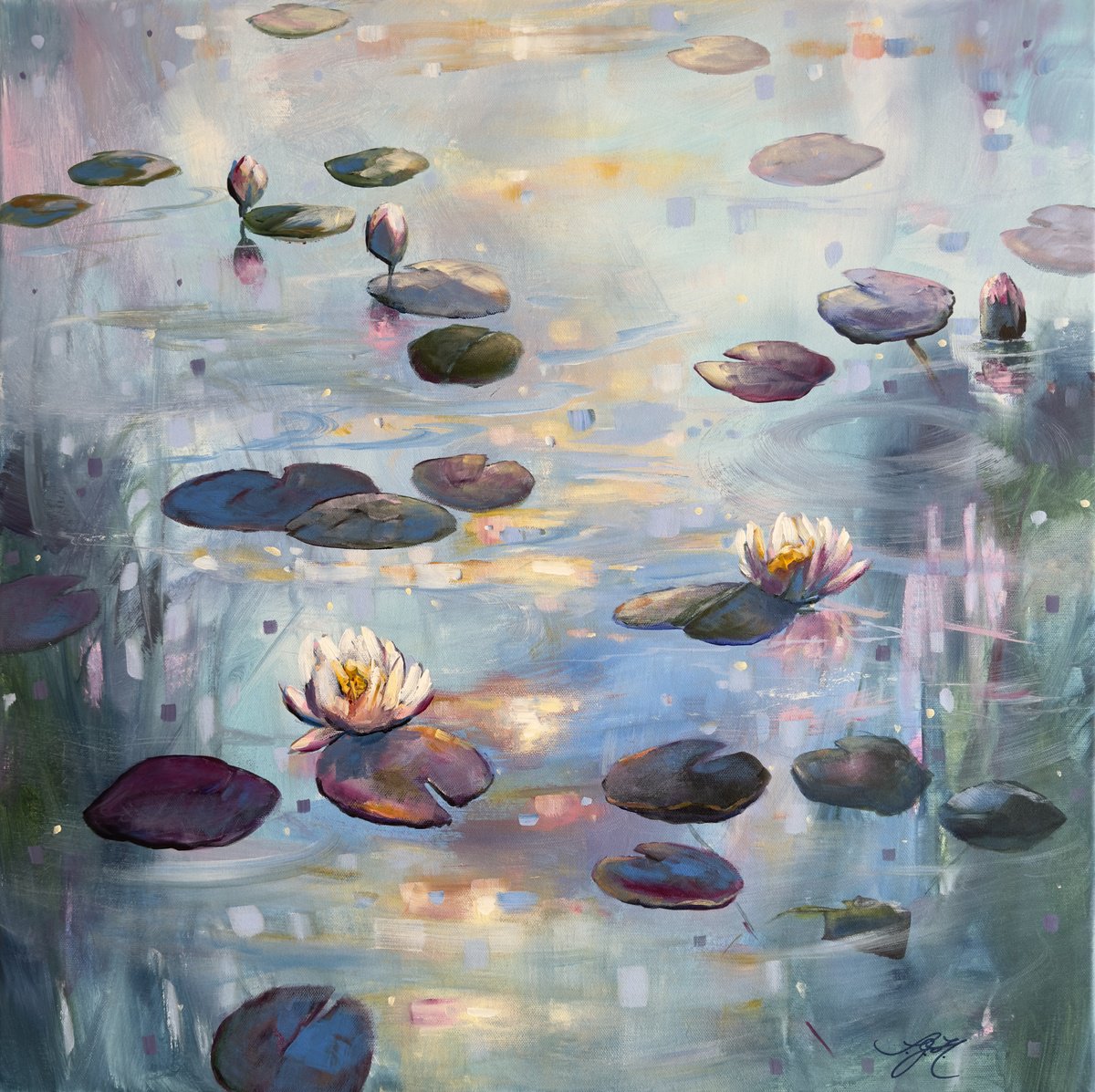 Impressionistic Botanical Acrylic Painting By Sandra Gebhardt-Hoepfner, 24 X 24", Lilies Dance 5, Original Artwork