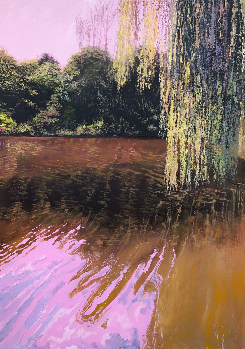 ’The Elsham Willow’ Large Landscape Oil Painting Summer Trees Lake Reflections by Simon Jones
