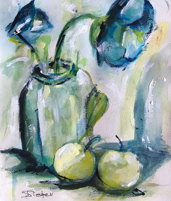 Blue Flowers and Yellow Apples