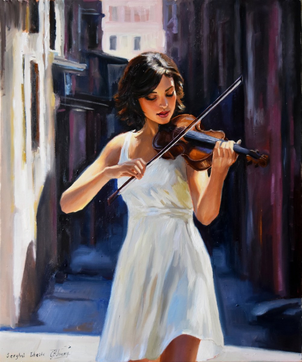 Impressionistic Portrait Oil Painting By Serghei Ghetiu, 20 X 24", The Violin Player, Original Artwork