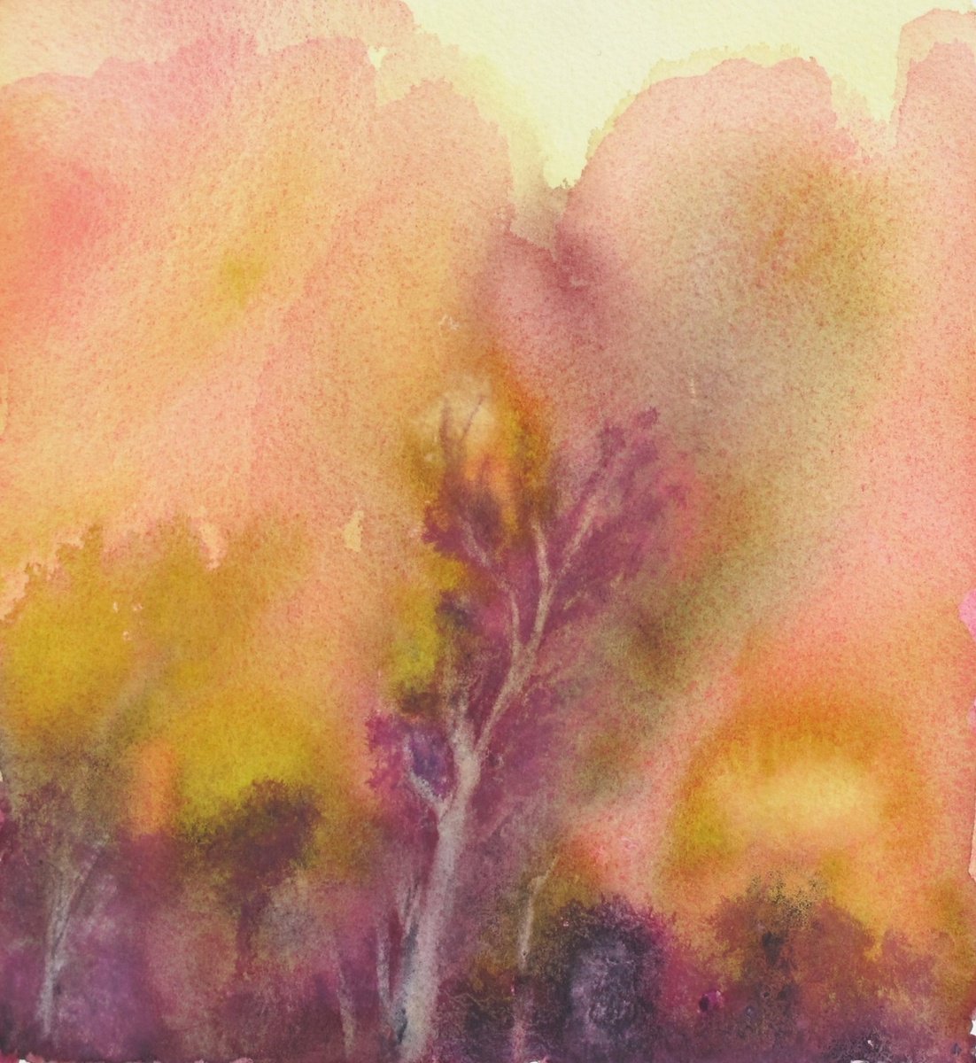 Abstract Landscape Watercolour By Fabienne Monestier, 8 X 8, Pink Winter, Original Artwork