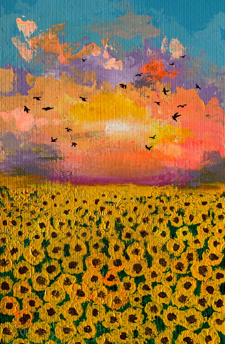 Sunset at sunflower fields ! Abstract impressionism art! Painting on paper by Amita Dand
