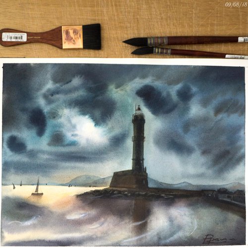 Lighthouse - Original Watercolor Painting by Olga Shefranov (Tchefranov)
