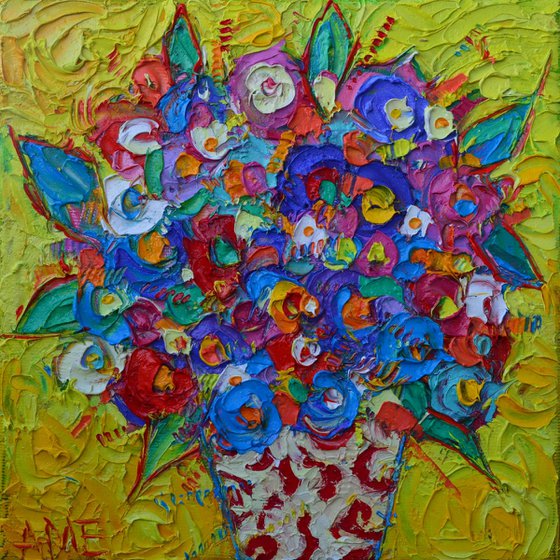 ABSTRACT COLOURFUL FLOWERS OF HAPPINESS textural impressionist impasto palette knife oil painting by Ana Maria Edulescu contemporary floral art