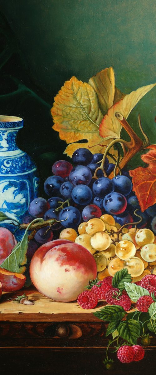 Still Life with Chinese Vase, Grapes, Peach and Raspberry by Alfia Koral