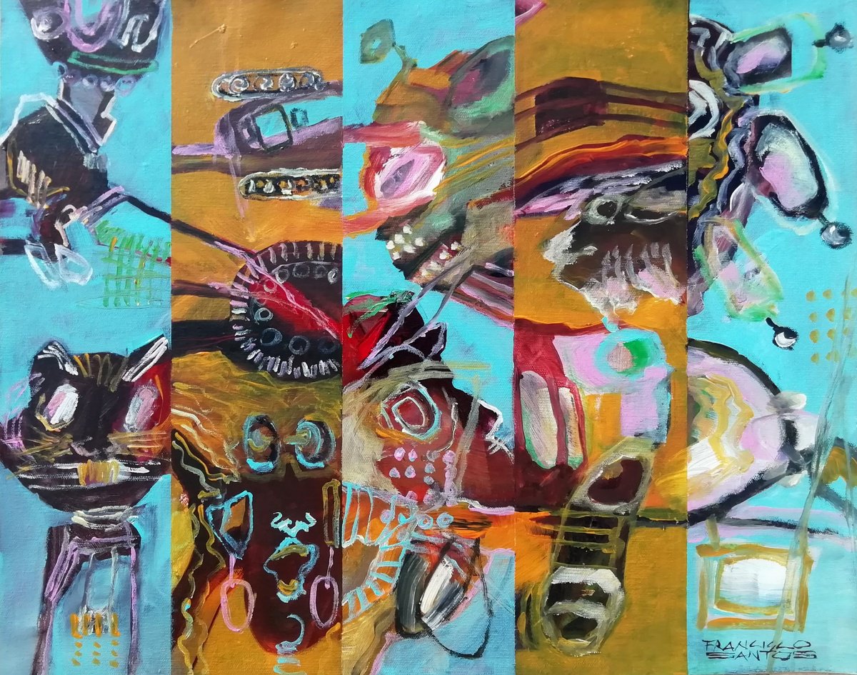 Expressive Abstract Acrylic Painting By Francisco Santos, 20 X 16, Abstract Fragments 1, Original Artwork