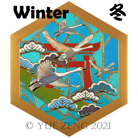 Yuzen style Winter white birds of four season