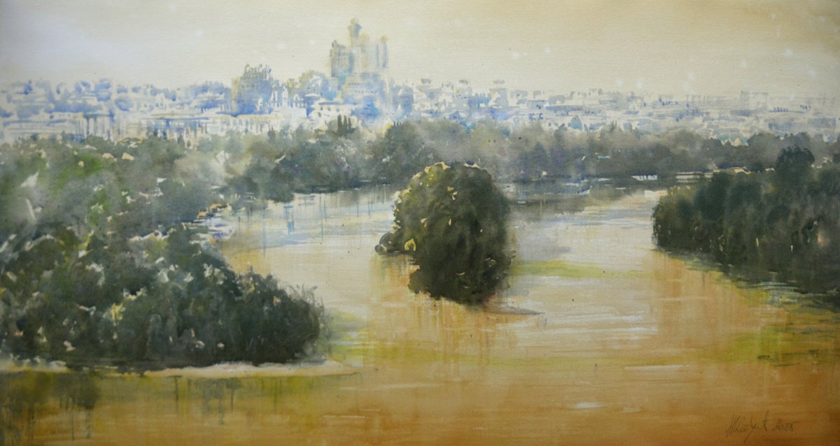 Impressionistic Cityscapes Watercolour By Nenad Kojic, 39 X 22", Pogled Na Usce - Zeleno I Zlatno, Original Artwork