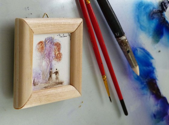 Encounter, miniature oil painting on canvas 7x7 cm framed and ready to hang
