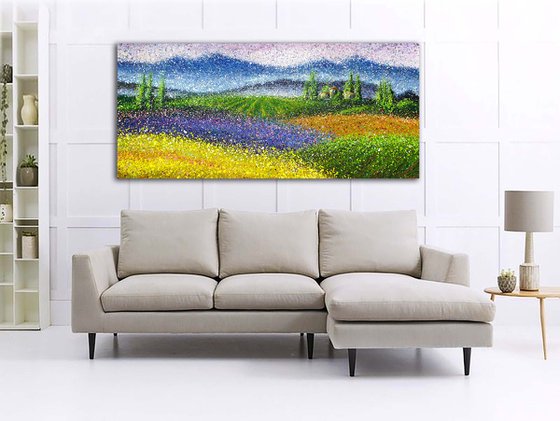 Large lavender wheat Impressionist Painting Large Summer fields Beautiful landscape