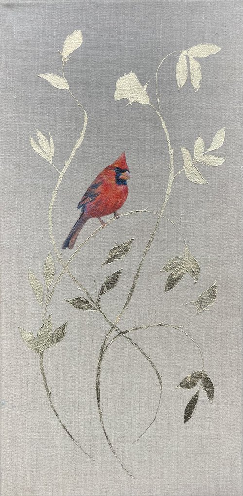 Red Cardinal on Ornamental Gold Leaf Rose by Hannah  Bruce