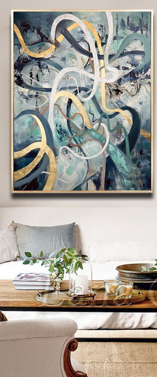 In Blue - 40" Abstract Painting , Streeps Abstract, Large Canvas, Gold Leaf, Minimalist Painting, Modern Painting by Lana Guise