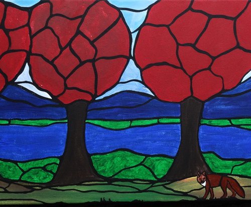 Red trees, red fox and a hare by Rachel Olynuk