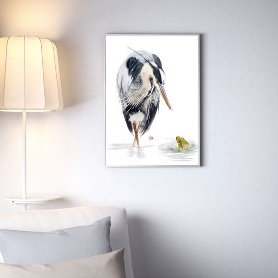 You're... Immortal? - Grey heron & brave frog - Great Blue Heron - bird painting -  heron - frog