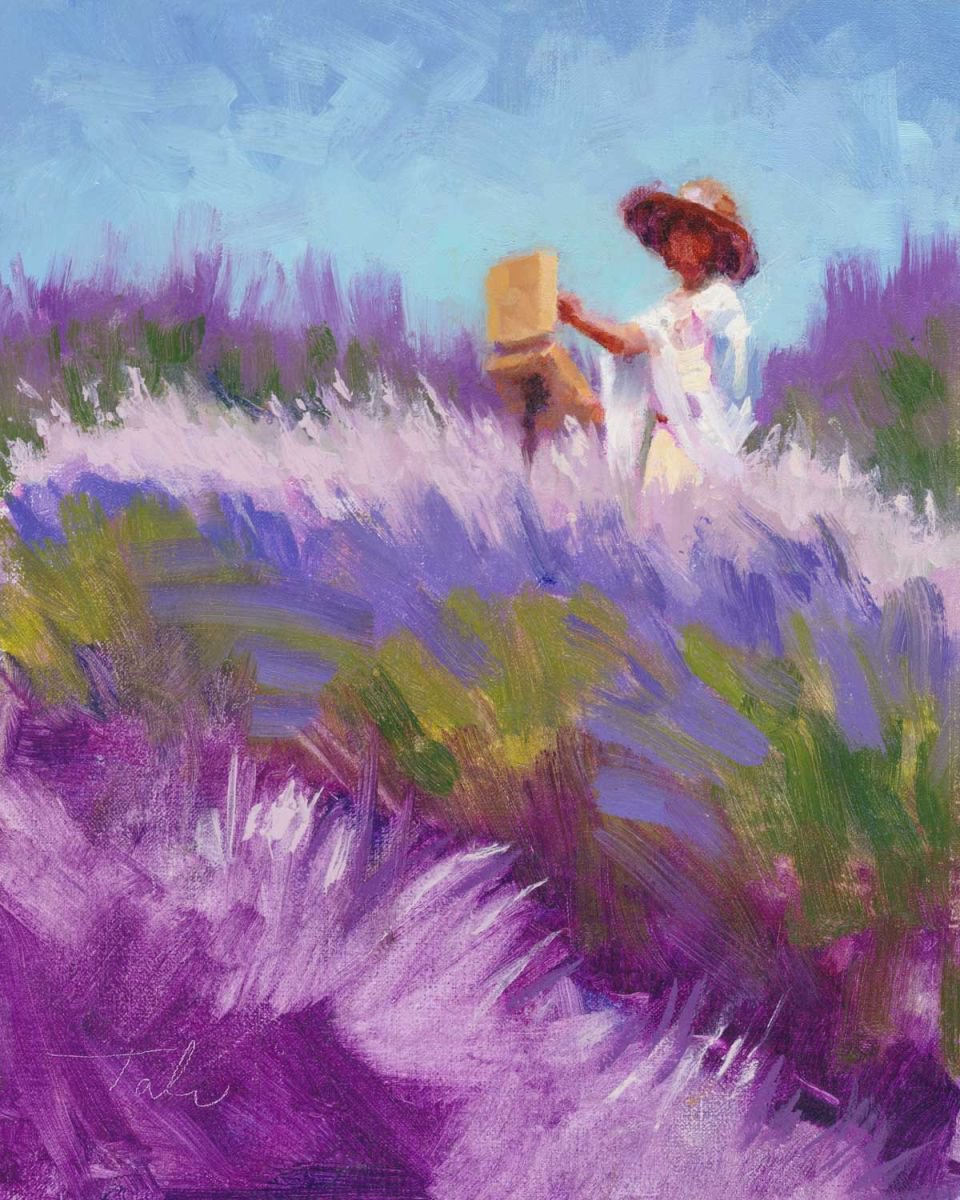 Her Muse - woman in white painting lavender by Talya Johnson