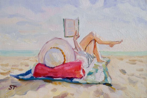 "Reading, girl, sea, sun "  original oil water painting on canvas, ready to hang, small wall decor gift idea