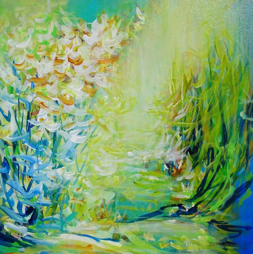 Abstract Forest Pond Painting II. Floral Garden. Abstract Tropical Flowers and Birds. Original Blue Green Teal Painting on Canvas Modern Art (2021) by Sveta Osborne