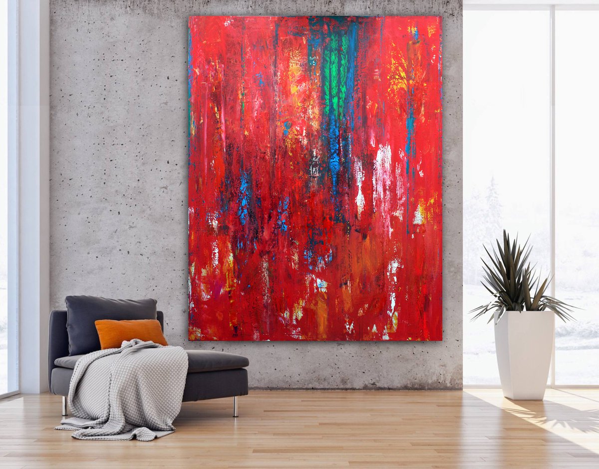 Abstract Acrylic Painting By Veljko Martinovic, 75 X 94", "Red", Original Artwork