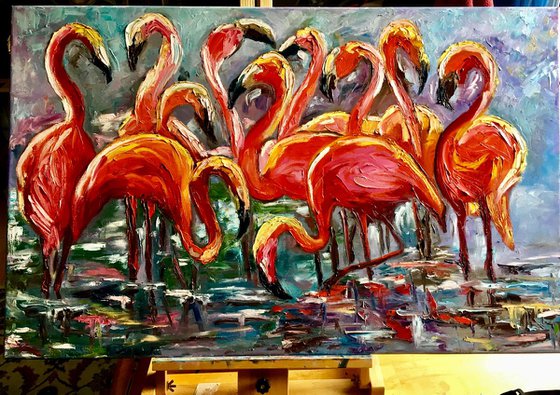 ORANGE FLAMINGOS. PAlLETTE KNIFE painting .