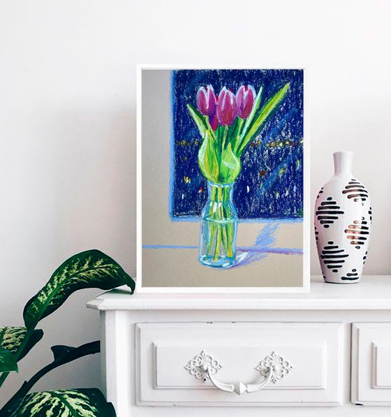 Tulips Original Painting, Oil Pastel Painting, Pink Flowers Drawing, Floral Wall Art, Gift for Her