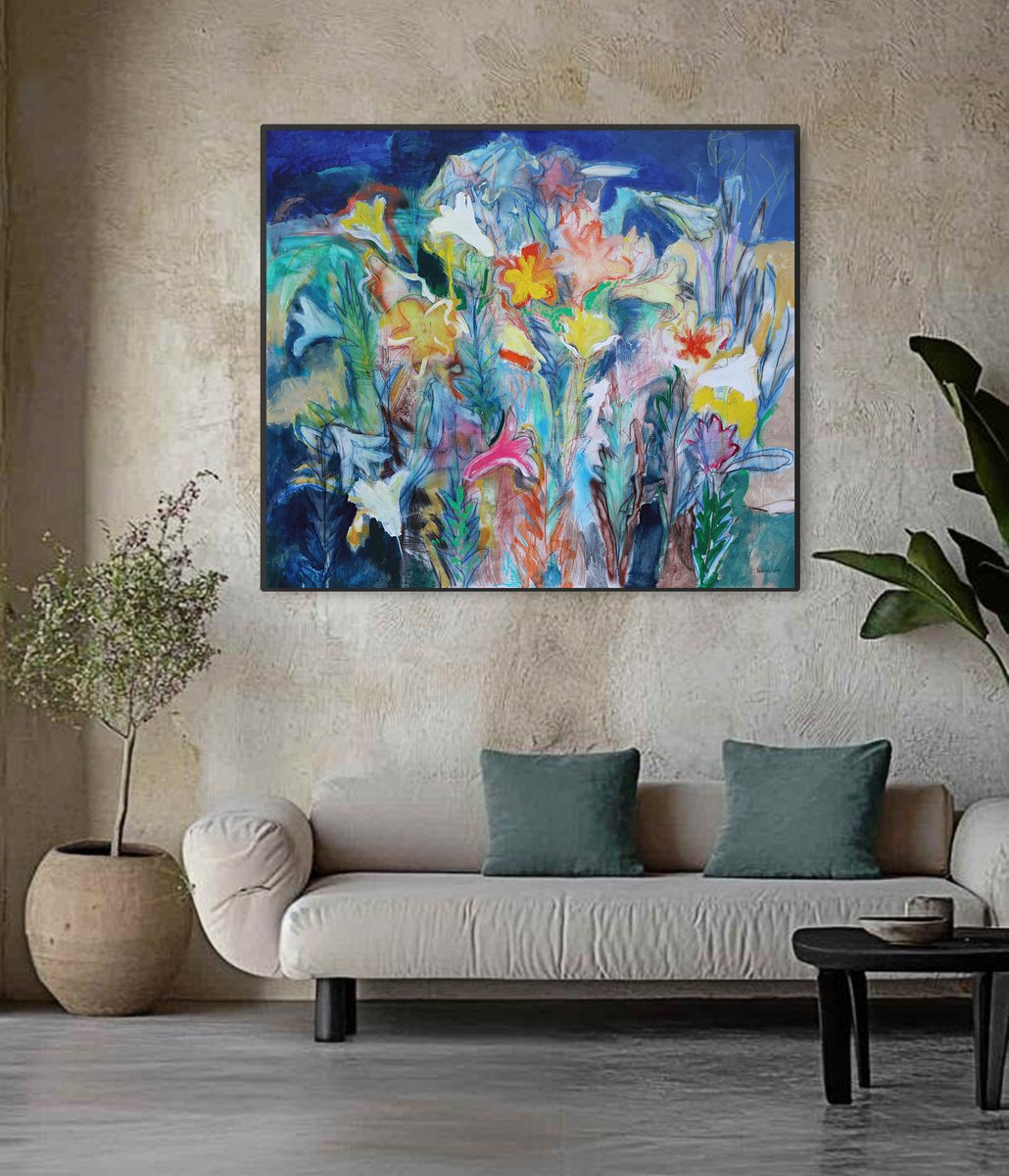 Expressive Landscape Acrylic Painting By Artem Andreichuk, 59 X 47, Wild Garden, Original Artwork