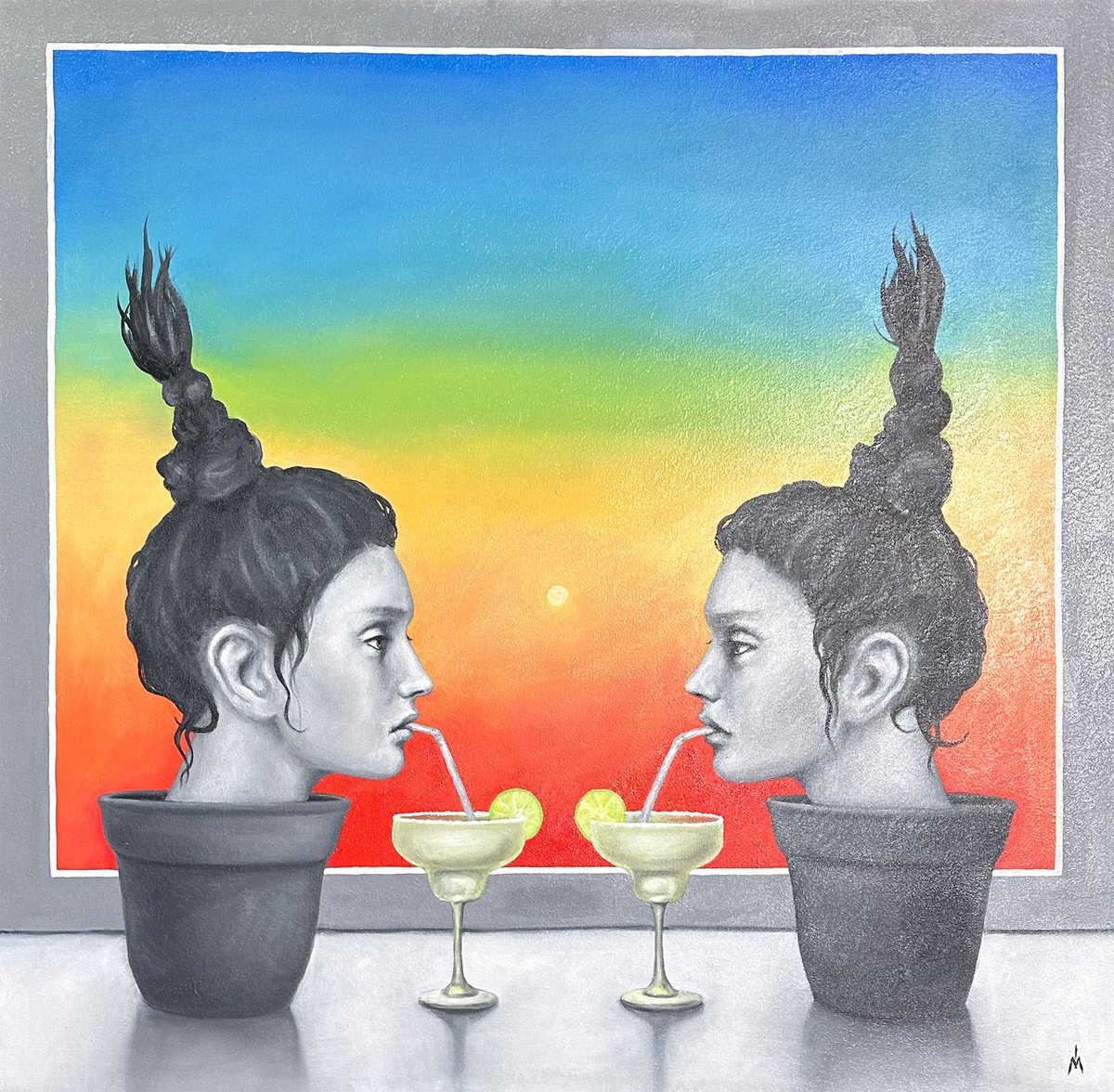 Surrealistic Portrait Oil Painting By Margarita Ivanova, 31 X 31", Two Or More Margaritas, Original Artwork